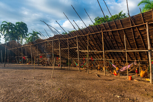 Yanomani tribal people in their traditional Shabono, rectagonal roof, Yanomami tribe, southern Venezuela