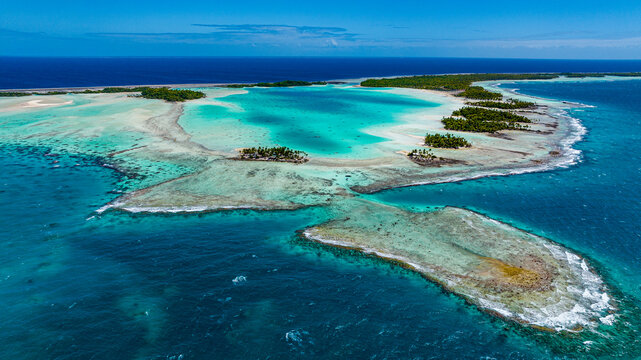 Aerial of the Blue Lagoon, Rangiroa atoll, Tuamotus, French Polynesia, South Pacific