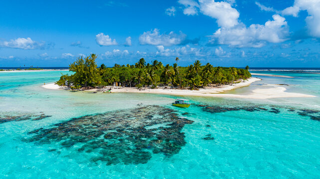 Aerial of the Blue Lagoon, Rangiroa atoll, Tuamotus, French Polynesia, South Pacific