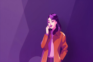 Naklejka na ściany i meble Flat vector illustration Photo of shiny dreamy woman wearing tie sweater looking at empty space talking about modern gadget isolated on purple background Flat vector illustration Photo of shiny dreamy