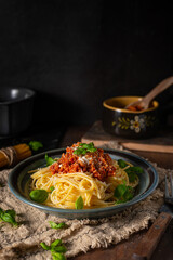 Homemade bio pasta bolognese - 592329724
