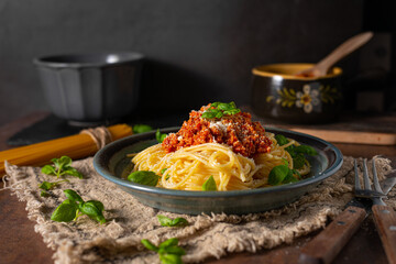 Homemade bio pasta bolognese