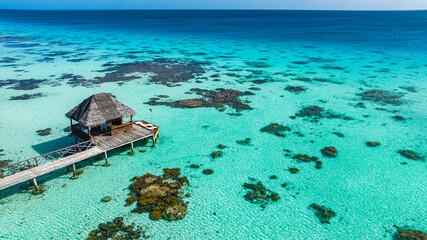Aerial of sundeck over the lagoon of Fakarava, Tuamotu archipelago, French Polynesia, South Pacific