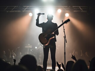 A musician performing on stage for a sold-out audience