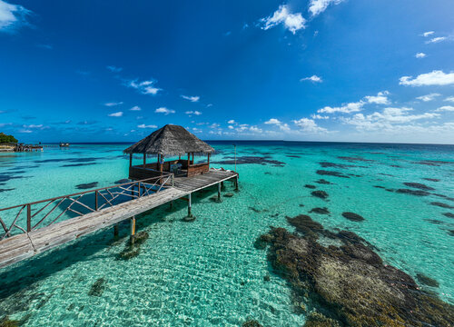 Aerial of sundeck over the lagoon of Fakarava, Tuamotu archipelago, French Polynesia, South Pacific