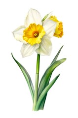 Obraz premium Narcissus flower isolated on white background. Watercolor illustration of a beautiful daffodil. Generative AI.