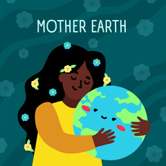 Naklejka premium Happy Earth day. Cute girl hugs our planet. Global green illustration. Ecology card about environmental problem and protect