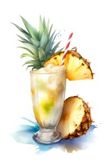 Watercolor summer illustration of a Pina Colada cocktail. Tropical alcohol cocktail isolated on white background. Generative AI.