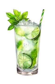 Watercolor illustration of a mojito cocktail isolated on white background. Glass of water with lime and mint. Generative AI.