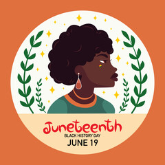 African woman with afro hairstyle. Vector illustration in Juneteenth concept