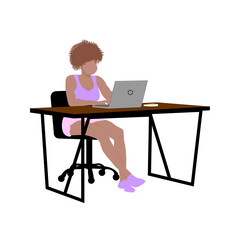 dark-skinned girl with computer learns to work online postcard image remote learning or work in today's world 