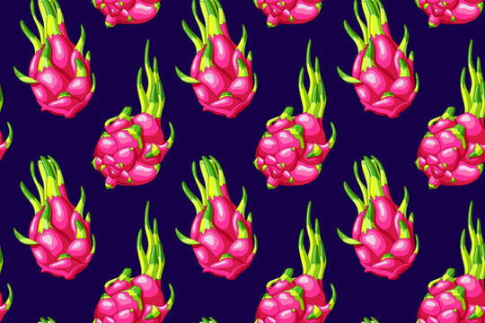 Colorful pitaya seamless pattern. Organic juicy dragon fruit. Sweet pitahaya. Summer sweet exotic food. Purple background wallpaper