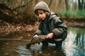 little boy catches, holding a trout fish from a stream with a fishing rod, kids fishing adventure, Generative AI