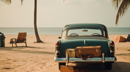 Classic car by the sea, with luggage on the hood, in vintage colors. Generative AI