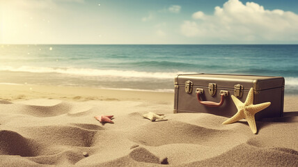 Fototapeta na wymiar Luggage with star on sandy beach, copy space. Generative AI