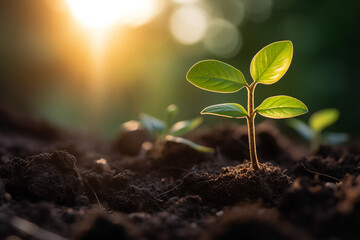 Naklejka na ściany i meble Green plant sprouts in soil, symbolizing growth and life. Generative AI
