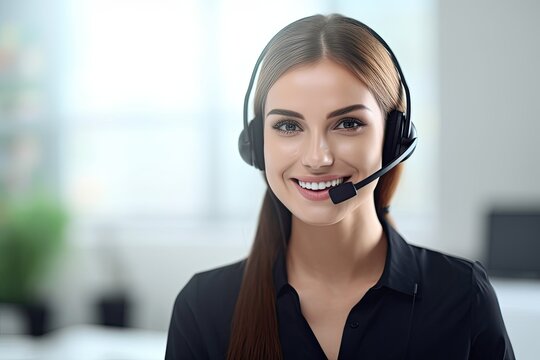 Smiling women with headphone as customer service. Generative AI