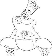 Outlined Frog Prince Cartoon Character In Love Sends Kisses. Vector Hand Drawn Illustration Isolated On Transparent Background