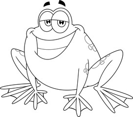 Outlined Smiling Frog Cartoon Character. Vector Hand Drawn Illustration Isolated On Transparent Background