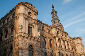 Fototapeta na wymiar Facade of city hall of Bilbao in basque country, sunrise, travel, blue, historic 