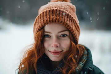 Beautiful red-haired girl looking at camera in a snowy landscape. Generative AI
