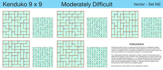 5 Moderately Difficult Kendoku 9 x 9 Puzzles. A set of scalable puzzles for kids and adults, which are ready for web use or to be compiled into a standard or large print activity book.