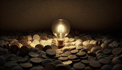 Obraz na płótnie Canvas Light bulb and pile of coins copy space with Generative AI Technology