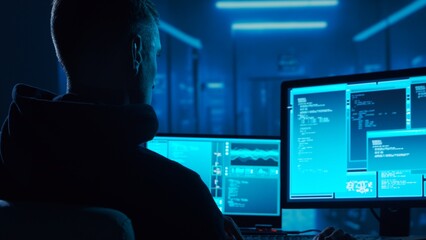 Computer Hacker in Hoodie. Obscured Dark Face. Concept of Hacker Attack, Virus Infected Software,...