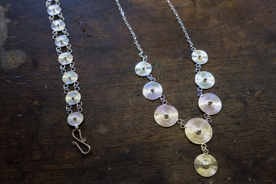 Detail of silver jewellery at silver workshop, Lake Inle, Shan State, Myanmar