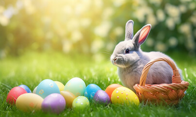 Fototapeta na wymiar Small , baby cute rabbit in easter basket with fluffy fur and easter eggs in the fresh green spring landscape. Easter poster and banner template with Easter eggs. Generative AI.