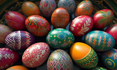 Fototapeta na wymiar Colorful Easter eggs background. Top view easter eggs texture pattern. Easter poster and banner template with Easter eggs. Generative AI.