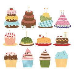 Birthday Cake Cartoon Illustration. Doodle cake, cupcake for a happy birthday celebration