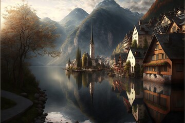 nice picture of a beautiful landscape with mountains, water, houses