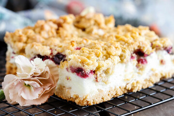 Homemade fruit cake with blueberries and red currant.