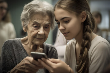 A young girl and her grandmother are happily sorting out a mobile phone together, looking content and excited to be learning something new. AI Generative.