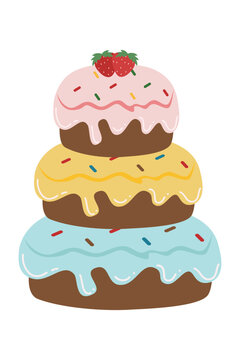 Birthday Cake Cartoon Illustration. Doodle cake, cupcake for a happy birthday celebration