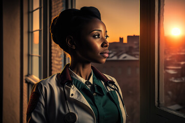 Portrait of female doctor standing by the window in clinic, generative ai