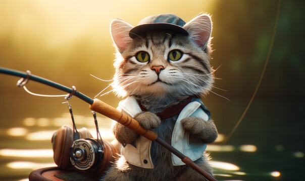 Adorable cat wearing cap and vest holding a rod. Lovely green-eyed pet fishing on the river. Blurred backdrop. Generative AI.