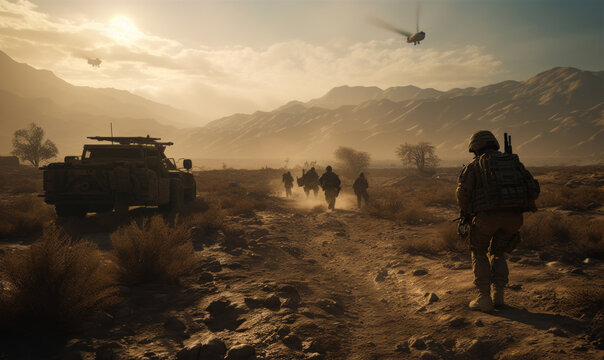 Battle field in the dusty desert. Soldiers and machines outdoors. Military conflict, war concept. Generative AI.
