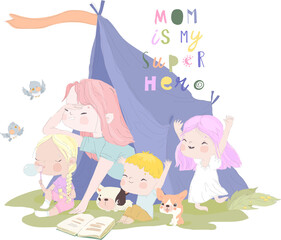 Happy Mother and Her Kids playing in a Teepee Tent. Vector Illustration