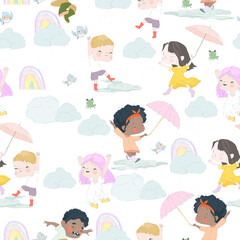 Vector Seamless Pattern with Cartoon Kids having fun the Rain