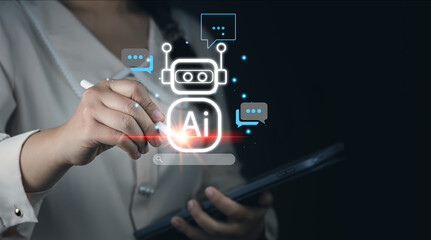 Business and Artificial Intelligence AI, Artificial intelligence,Digital Technology concept.Businesswoman using digital chatbot are assistant conversation for provide access to data growth of business