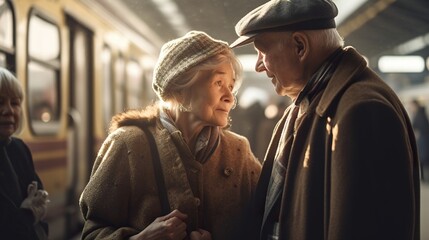 Obraz premium A family gathering to reunite or say goodbye at a train station, with a backdrop of busy commuters, bustling activity and emotion-filled moments. AI Generative