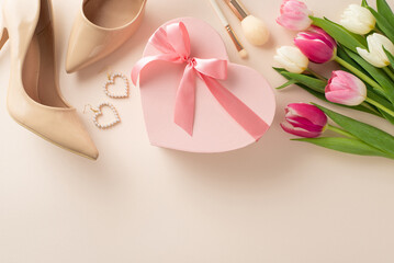 Fashionable Mother's Day concept. Top view flat lay of high-heels, gift box, tulip flowers, makeup brushes, and earrings on a pastel beige background with space for text or advert