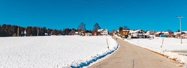 Fototapeta premium Winter landscape on a sunny day near Grub, Rinchnach, Bavarian forest, Bavaria, Germany