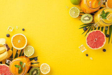Quench your thirst in style with this vibrant flat lay photo of citrus juice cocktails in glass...