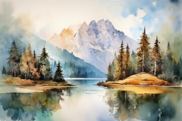 a watercolor painting of a mountain lake, generative AI - obrazy, fototapety, plakaty