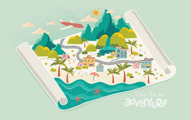 Cute hand drawn vacation map with mountains, waterfall, palm trees, hills. illustrated landscape - great for banners, wallpapers, cards.