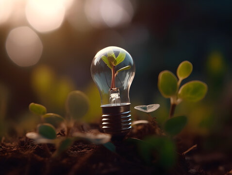 A plant growing from a lightbulb - Unique and creative way to incorporate nature into interior design, while also promoting sustainability and innovation.