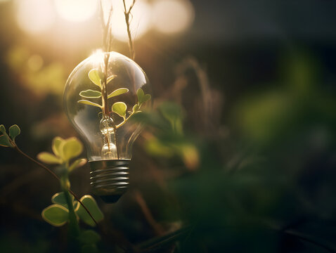 A plant growing from a lightbulb - Unique and creative way to incorporate nature into interior design, while also promoting sustainability and innovation.